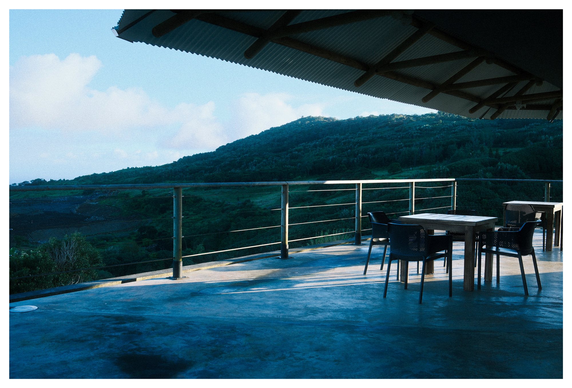 Mauritius, an empty terrace overlooking the hills at dusk
